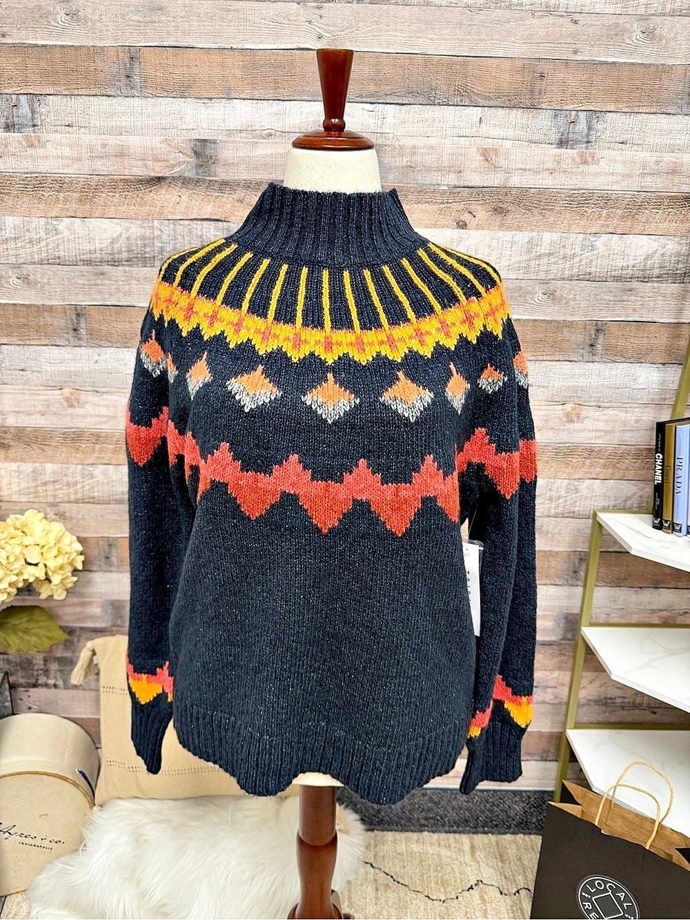 NWT Tribal fair isle navy w orange and red pattern turtleneck sweater